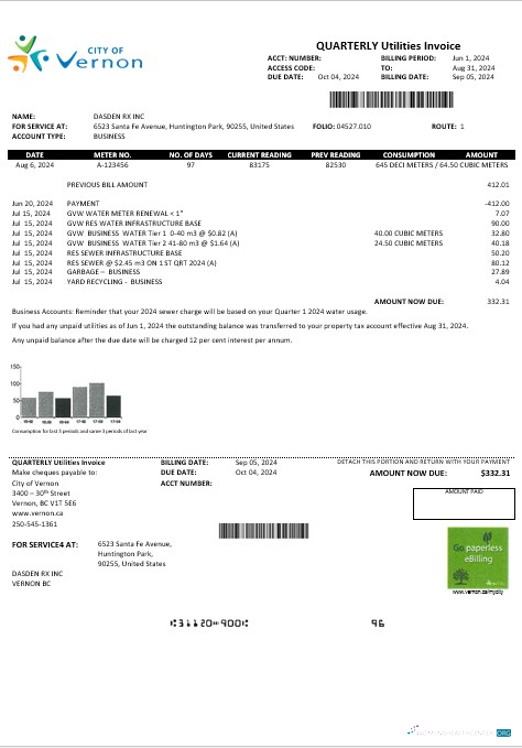 USA Canada City of Vernon water business utility bill template in Word and PDF formats